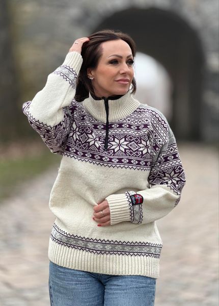 Hovedbilde Nordlys Mønstret unisex ullgenser natur/lilla/grå